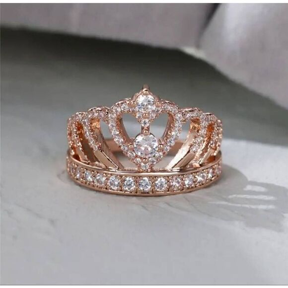 Love Heart Crown Shape Promise Ring 18K Gold Plated Copper Finger Ring For Weddi - Picture 2 of 6